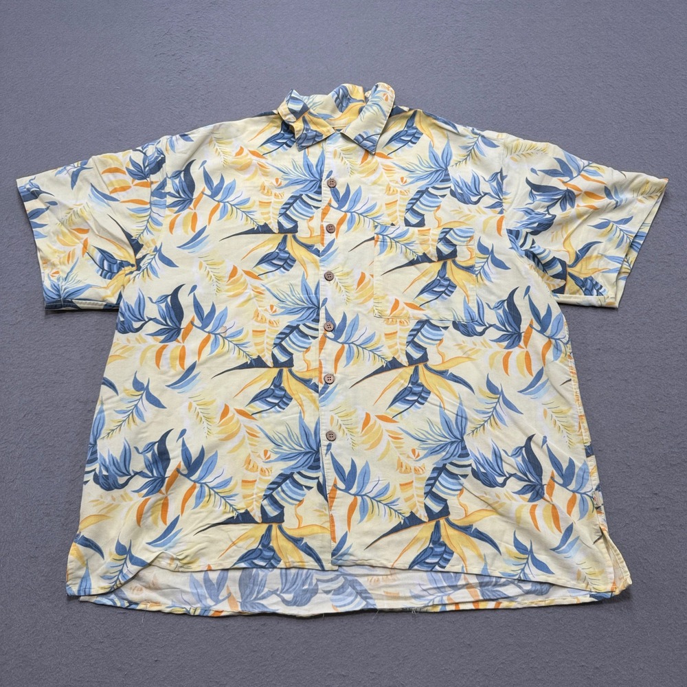 Vintage Joe Marlin Shirt Men's XL Yellow Tropical Floral Palm Leaf Button Down